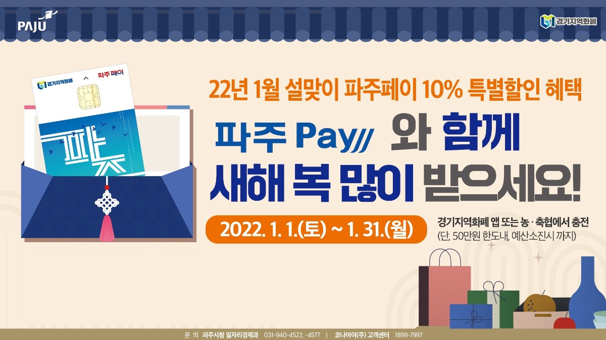 PAJU 경기지역화폐/22년 1월 설맞이 파주페이 10% 특별할인 혜택/파주 Pay와 함께/새해 복 많이 받으세요!/2022.1.1.(토)~1.31.(월)/경기지역화폐 앱 또는 농·축협에서 충전/(단, 50만원 한도내, 예산소진시까지)/문의 파주시청 일자리경제과 031-940-4522,-4577｜코나아이㈜ 고객센터 1899-7997