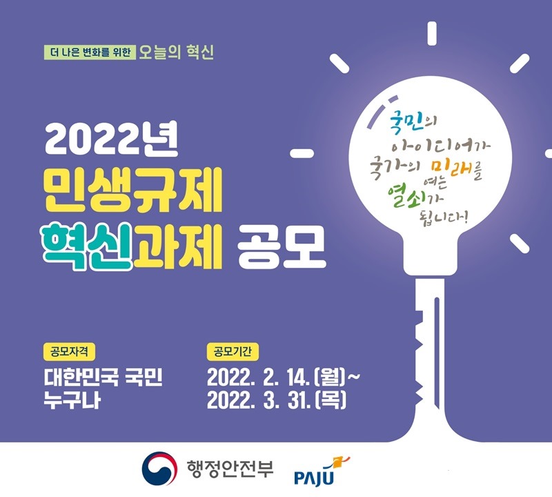 더 나은 변화를 위한 오늘의 혁신/2022년/민생규제/혁신과제 공모/국민의/아이디어가/국가의 미래를/여는/열쇠가/됩니다!/공모자격/대한민국 국민/누구나/공모기간/2022. 2. 14.(월)~/2022. 3. 31.(목)/행정안정부 PAJU