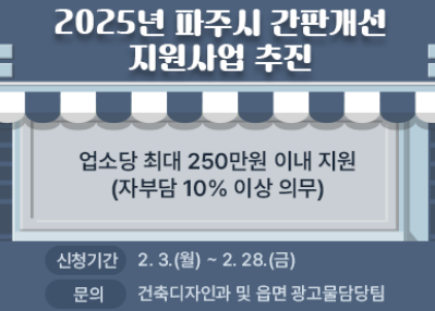 2025년 파주시 간판개선/지원사업 추진/업소당 최대 250만 원 이내 지원/(자부담 10% 이상 의무)/신청기간 2.3.(월)~2. 28.(금)/문의 건축디자인과 및 읍면 광고물담당팀